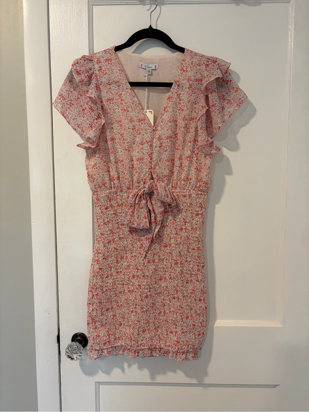 Floral Pink Ruffle Sleeve Tie-Waist Dress